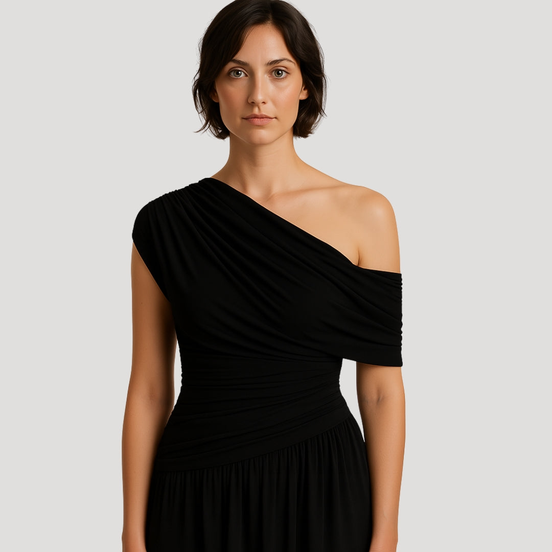 Alina | Donna Abito Lungo Monospalla con Volant Nero