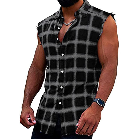 Camicia Uomo Smanicata Cotone Casual a Quadri Bottoni - Brentozzi
