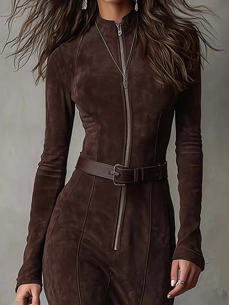 Asueda | Abito Lungo Donna in Camoscio Marrone Zip Collo Alto con Cintura 2