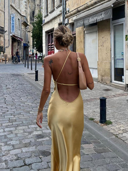 Abito Elegante Donna in Satin Scollo Schiena Scoperta