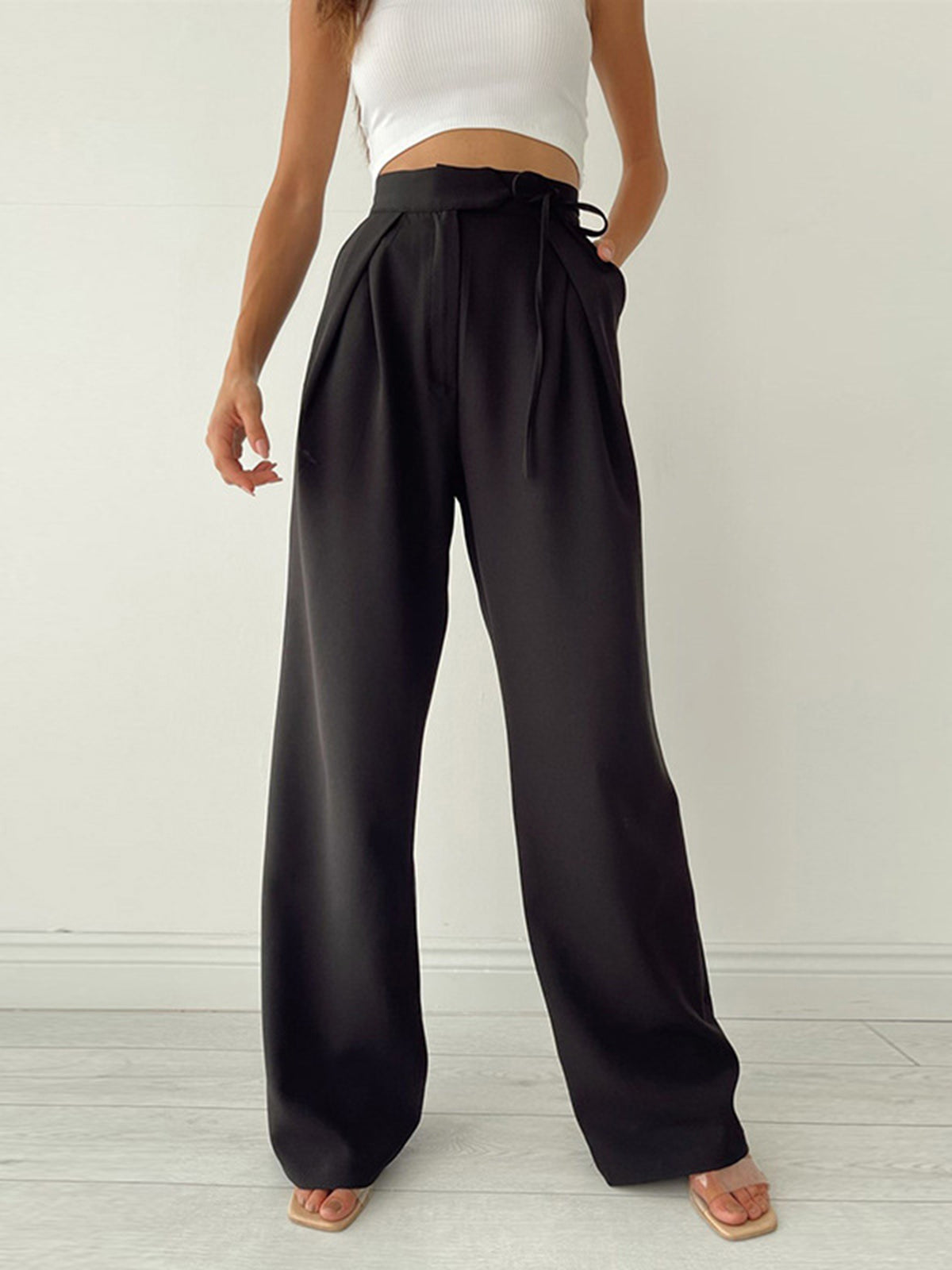 Pantaloni Donna Vita Alta con Fiocco e Gamba Larga
