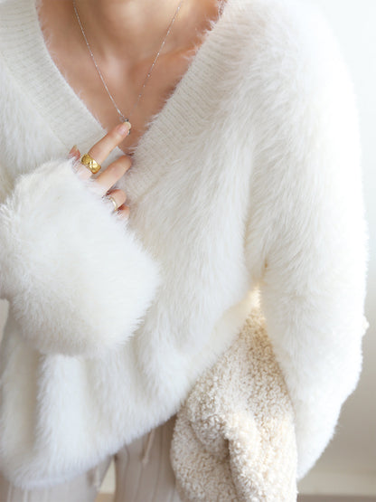 Maglione Donna Scollo a V Morbido Maglia con Texture Fuzzy