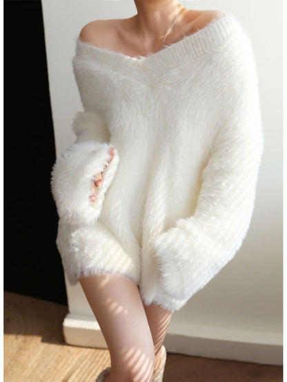Maglione Donna Scollo a V Morbido Maglia con Texture Fuzzy