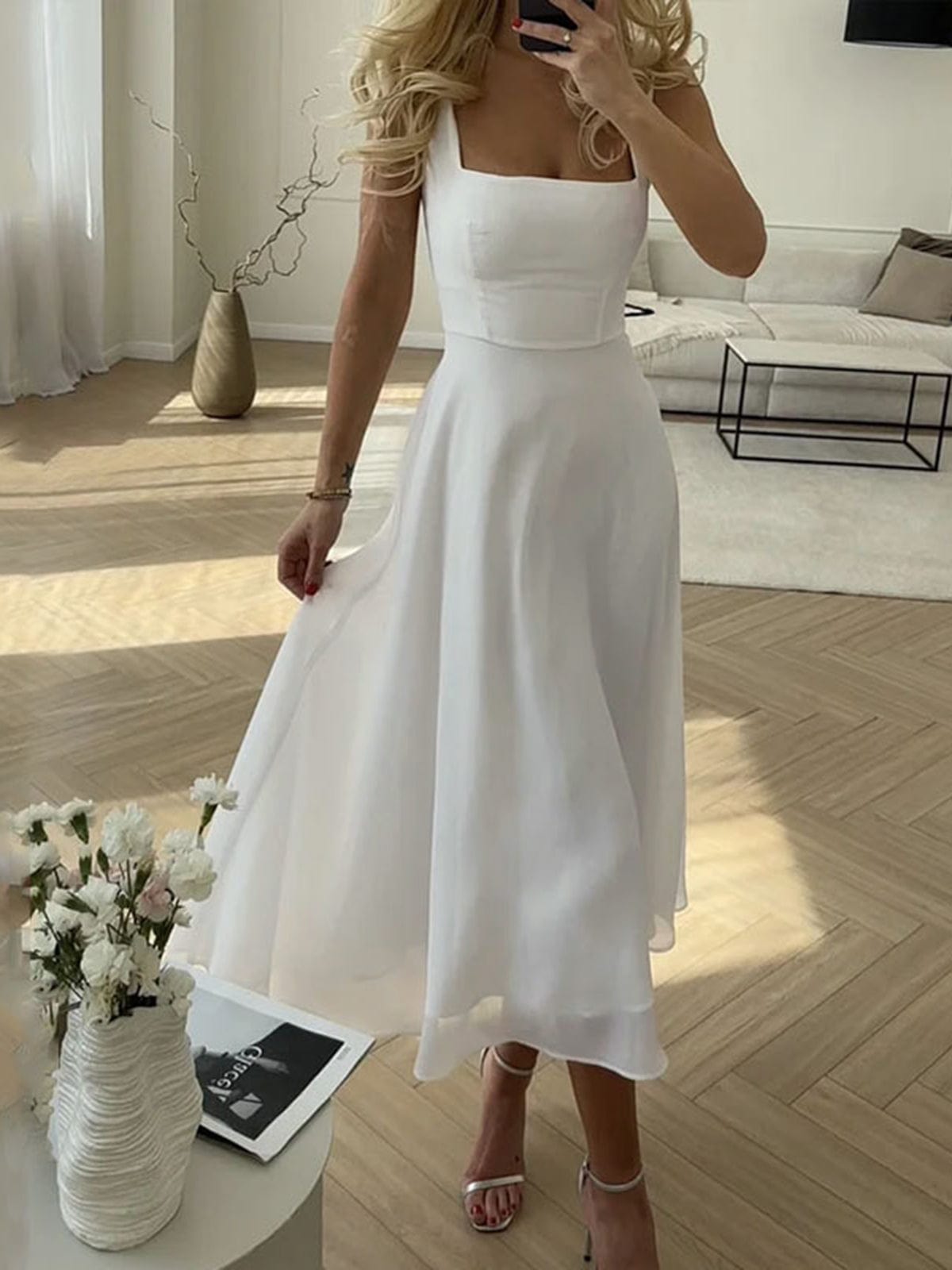 Abito Midi Donna Smanicato Scollo Quadrato Linea A - Brentozzi