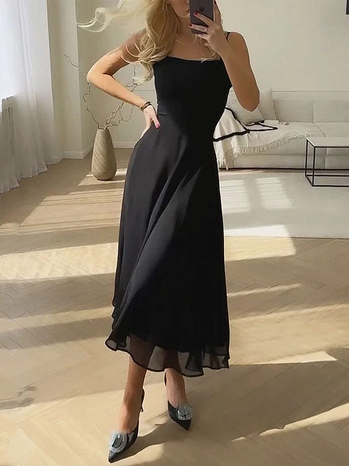 Abito Midi Donna Smanicato Scollo Quadrato Linea A