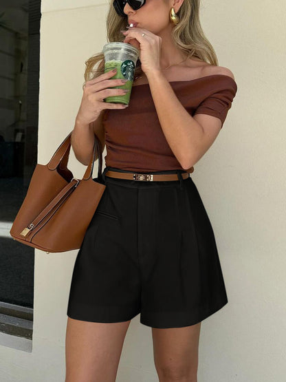 Shorts Donna Vita Alta Gamba Dritta Orlo Sulla Anche