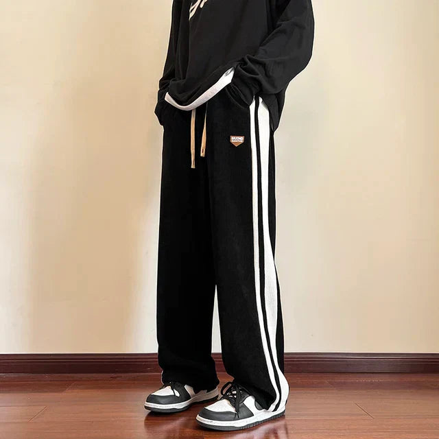 Pantaloni Uomo Baggy in Cotone con Righe e Gamba Dritta Comfort Fit