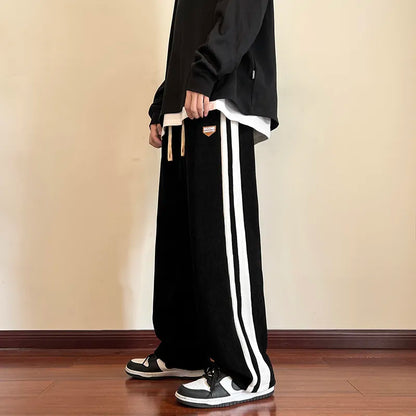 Pantaloni Uomo Baggy in Cotone con Righe e Gamba Dritta Comfort Fit