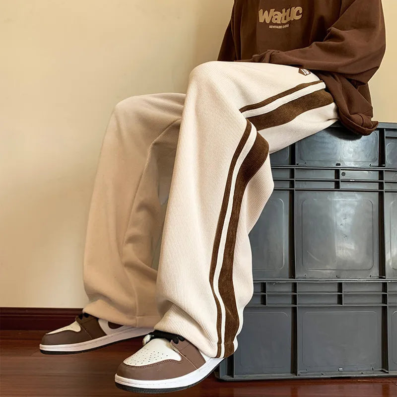 Pantaloni Uomo Baggy in Cotone con Righe e Gamba Dritta Comfort Fit