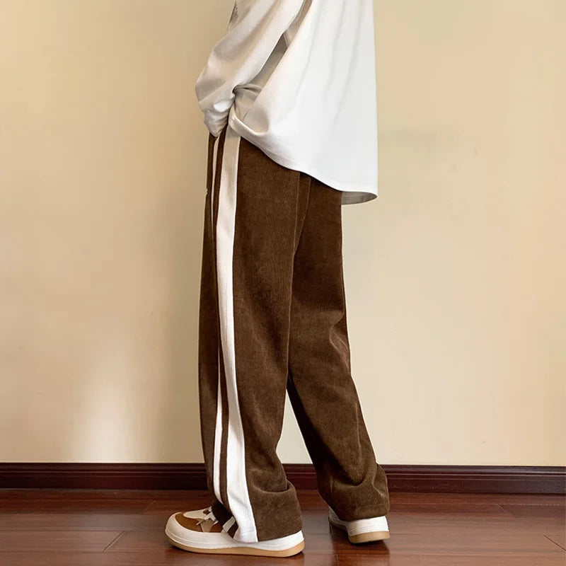 Pantaloni Uomo Baggy in Cotone con Righe e Gamba Dritta Comfort Fit