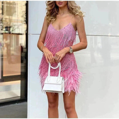Abito Corto Donna con Piume Stile Elegante