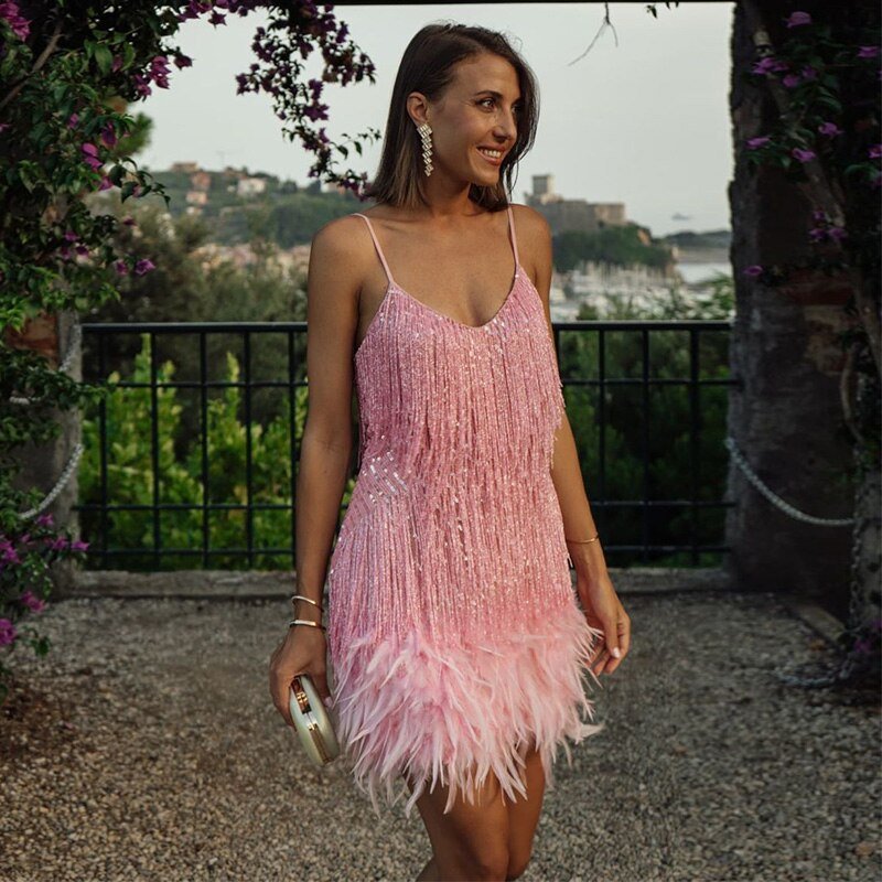 Abito Mini Donna con Frange e Decorazioni in Piuma