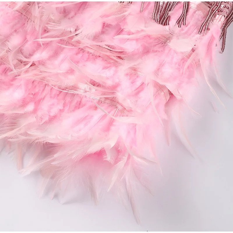 Abito Mini Donna con Frange e Decorazioni in Piuma
