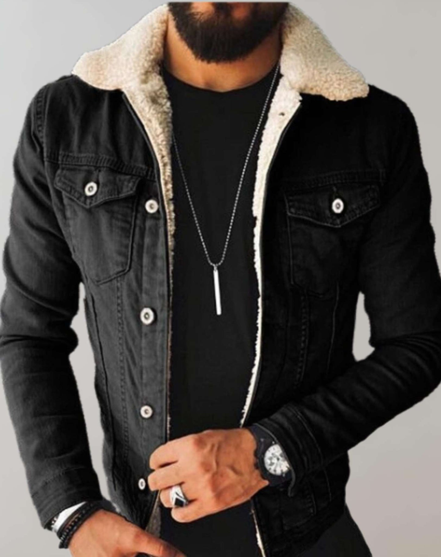 Giacca Denim Uomo con Colletto in Pile e Tasche Multiple