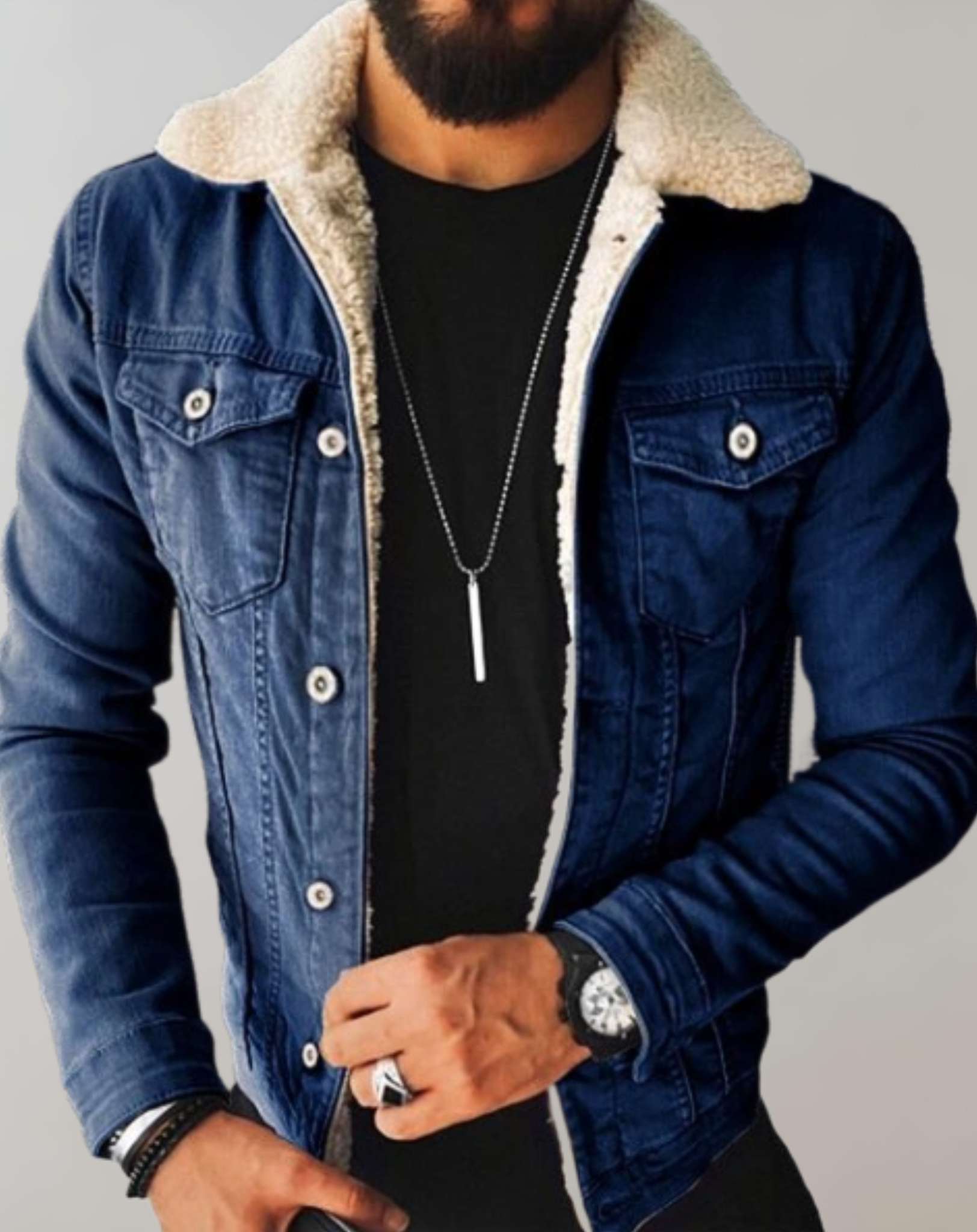 Giacca Denim Uomo con Colletto in Pile e Tasche Multiple - Brentozzi