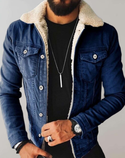Giacca Denim Uomo con Colletto in Pile e Tasche Multiple - Brentozzi