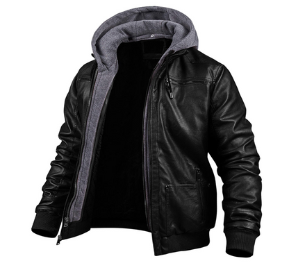 Giacca Invernale Uomo con Cappuccio in Pelle Vestibilità Classica