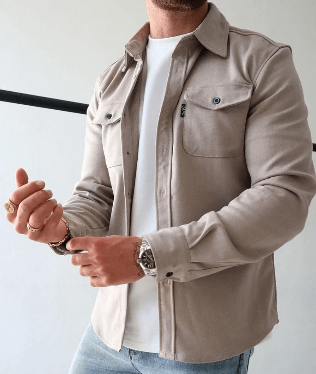 Camicia Uomo Cotone Misto Manica Lunga Tasche Sul Petto - Brentozzi