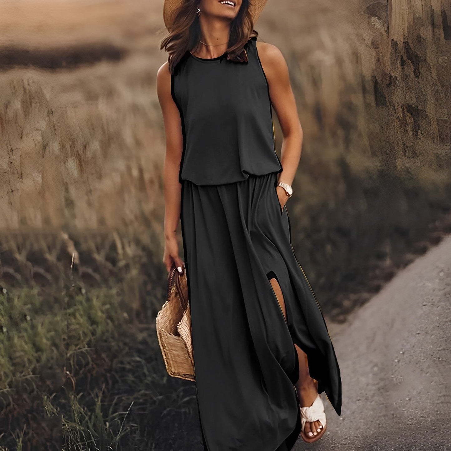 Abito Maxi Donna Smanicato con Spacco Laterale