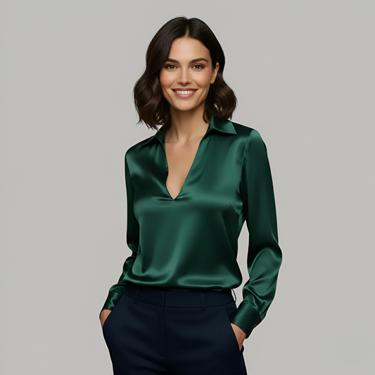 Camicia Donna in Raso Scollo a V Manica Lunga - Vesarelli