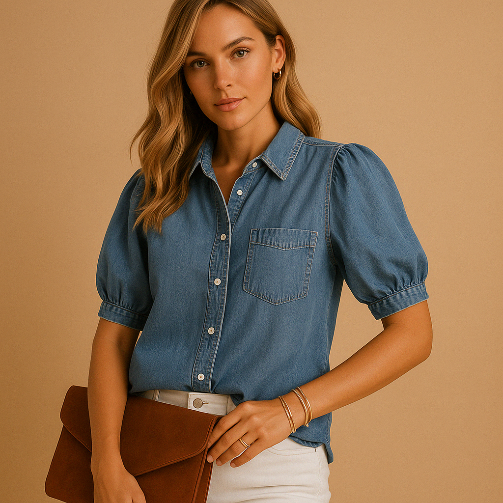 Blusa Donna in Denim Classico con Bottoni - Vesarelli