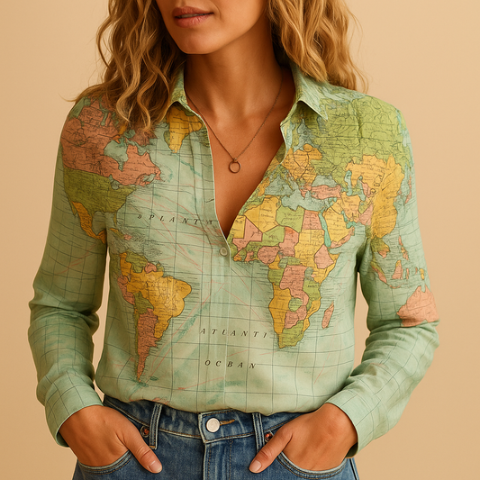 Blusa Donna in Viscosa Stampa Mappa Manica Lunga - Vesarelli