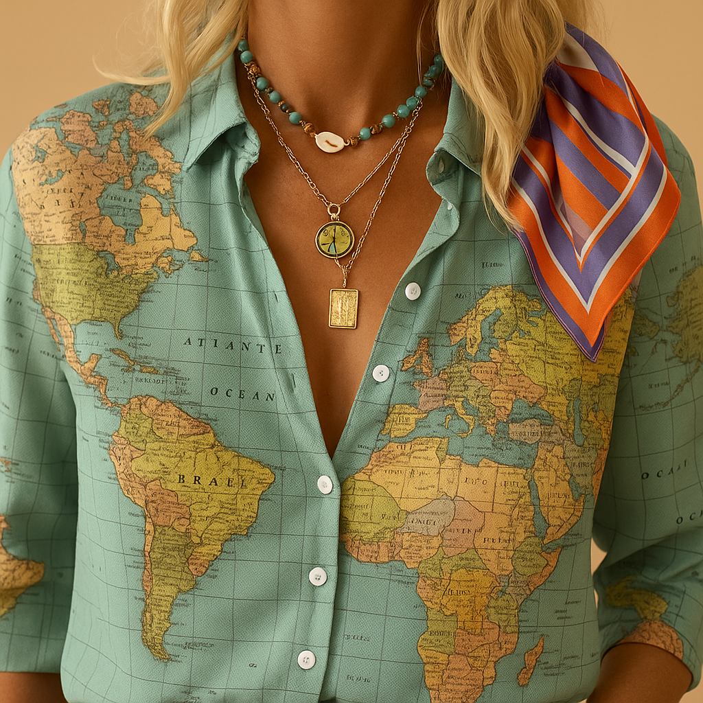Blusa da donna con stampa mappa del mondo | Linde 2