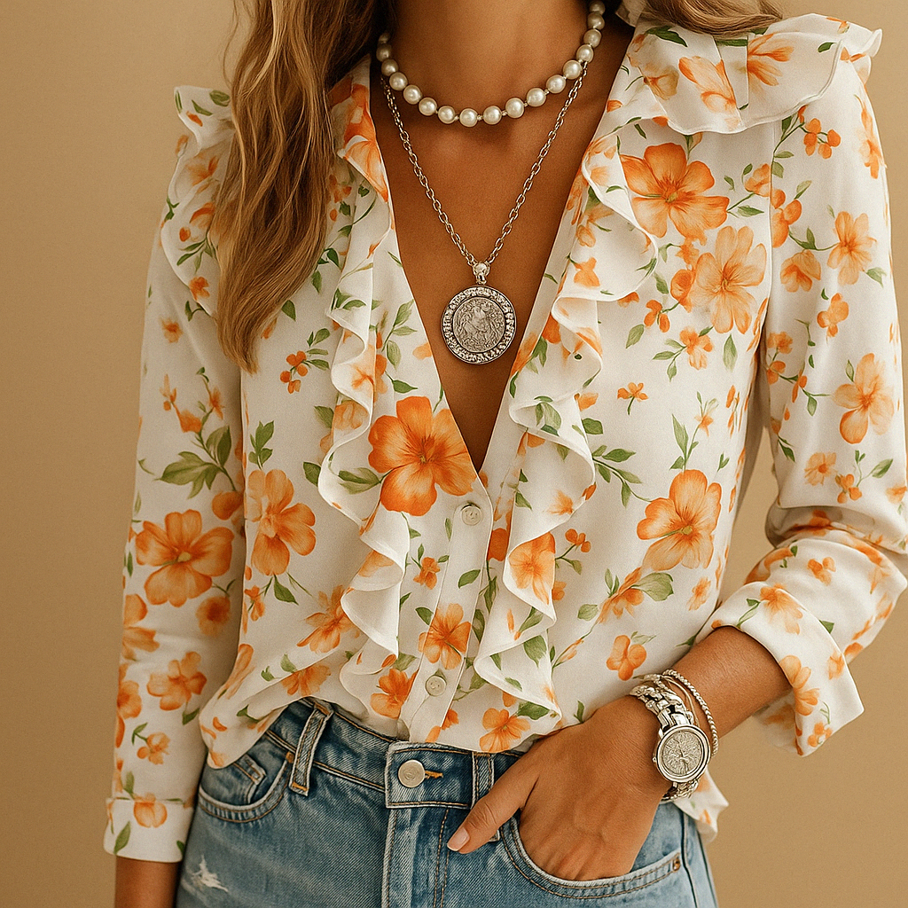 Blusa Donna in Tessuto Leggero con Volant Maniche Lunghe - Vesarelli