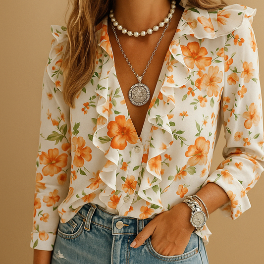 Blusa Donna in Tessuto Leggero con Volant Maniche Lunghe - Vesarelli
