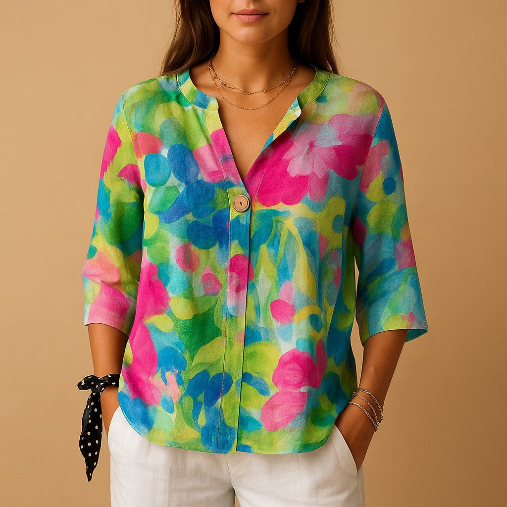 Blusa Donna Floreale Cotone Chiusura Bottoni Colletto Classico - Vesarelli