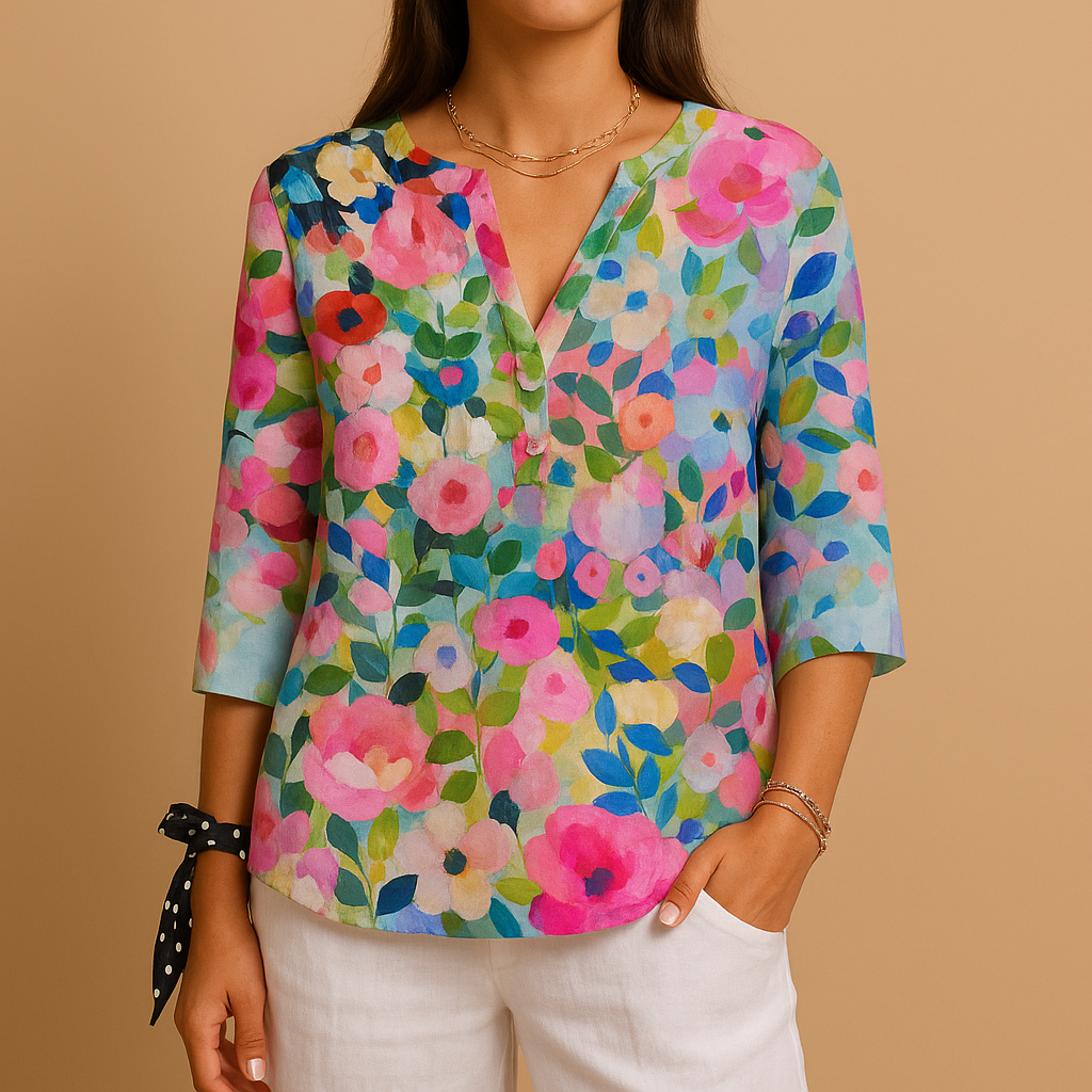 Blusa floreale con chiusura a bottoni e colletto classico da donna | Annika 1