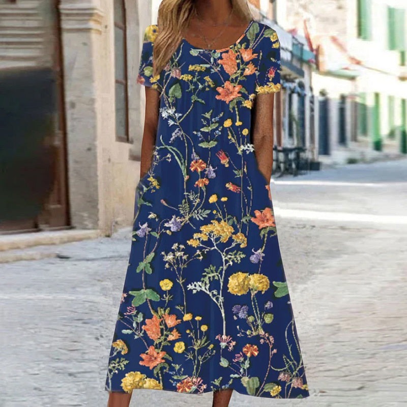 Abito Corto Donna con Manica Corta e Fantasia Floreale