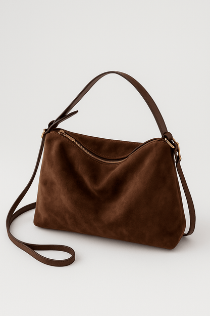 Borsa a Spalla in Pelle Scamosciata per Donna | Charisse Marrone Scuro