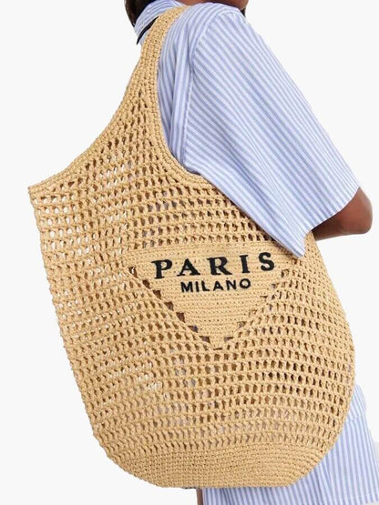 Borsa da spiaggia elegante da donna in paglia fatta a mano, design boho 1