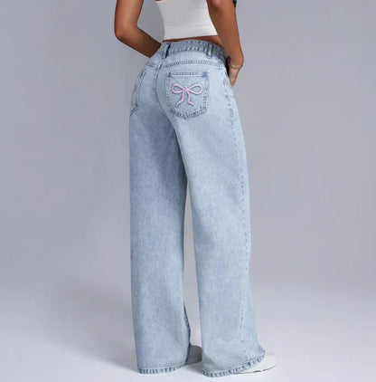 Jeans Donna Gamba Larga con Dettagli Fiocco in Vita