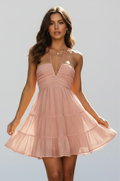 Abito Minidress Donna Scollo a Halter Gonna a Balze