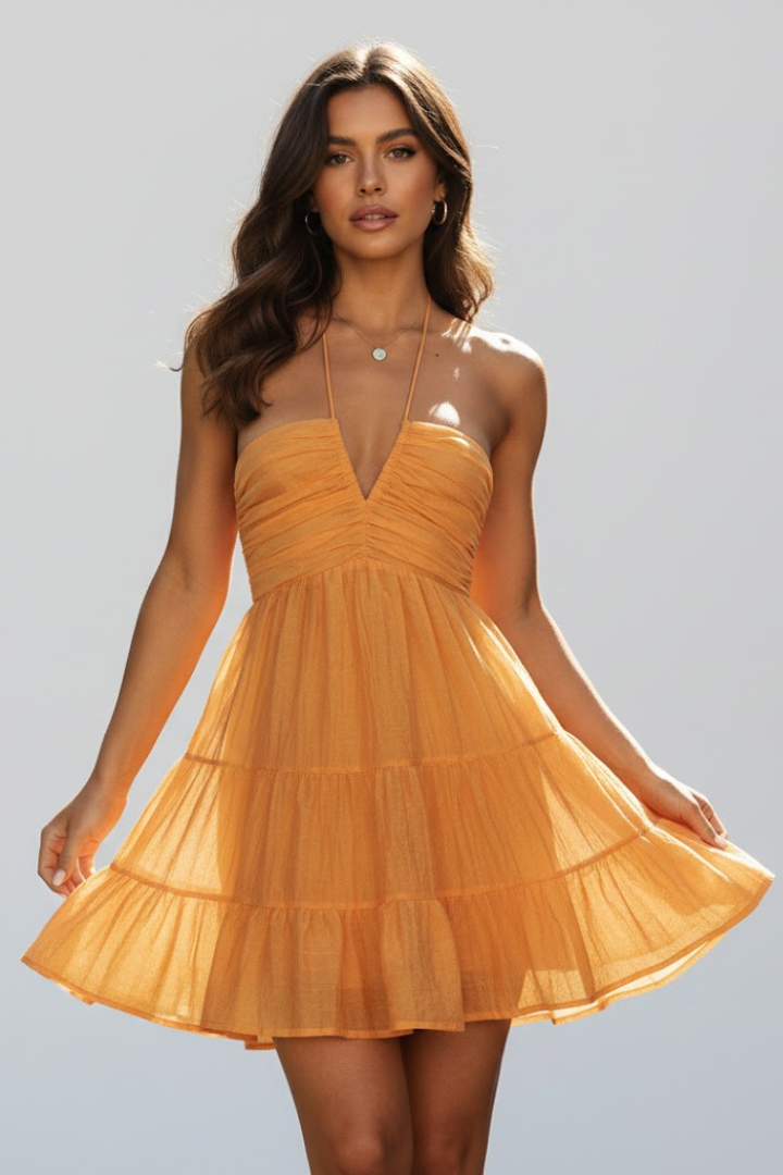 Abito Minidress Donna Scollo a Halter Gonna a Balze