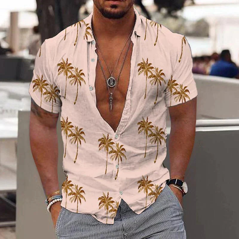 Camicia Uomo Estiva Lino Motivo Palme Regular Fit - Vesarelli