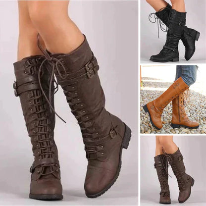 Stivali Donna in Pelle con Fibbia e Lacci Comfort Elegante