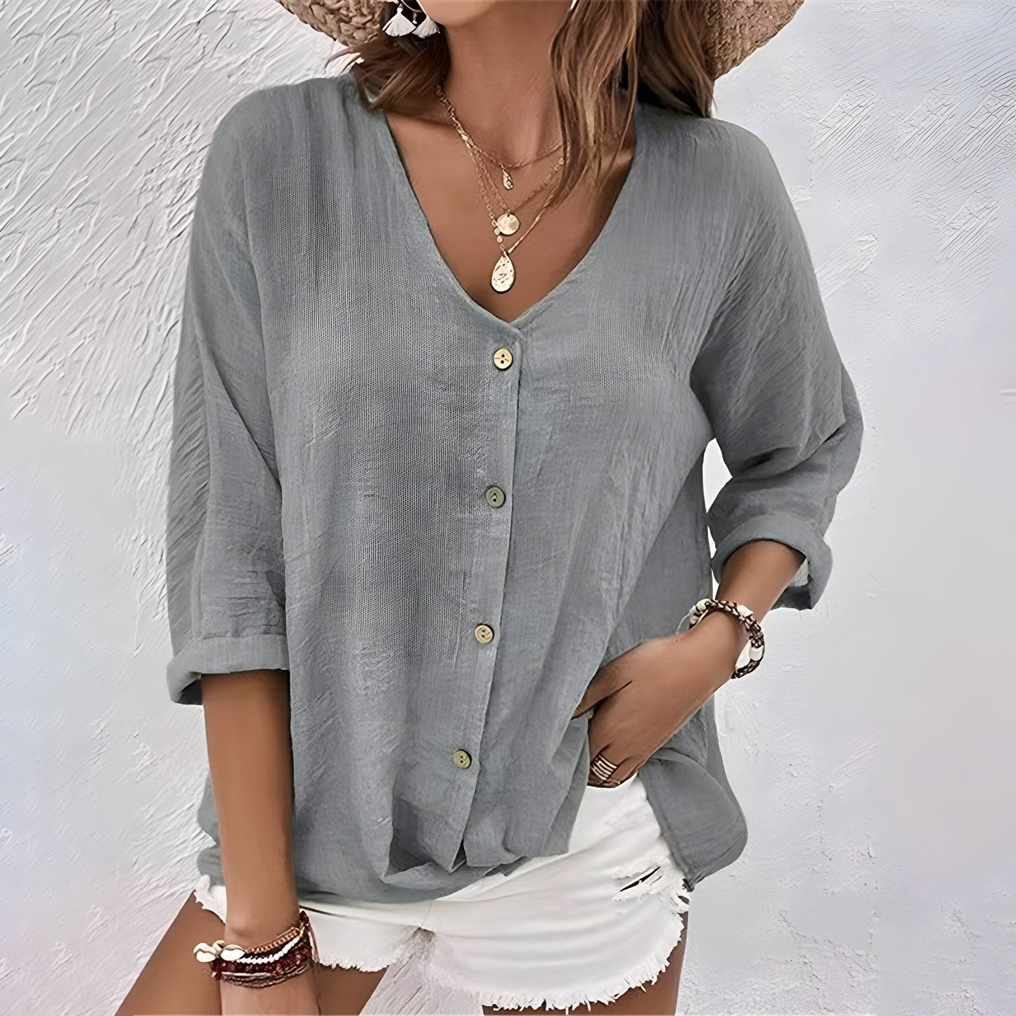Camicetta Donna Elegante Estiva Scollo a V con Maniche Arrotolate - Camicette Donna per Ogni Occasione 3
