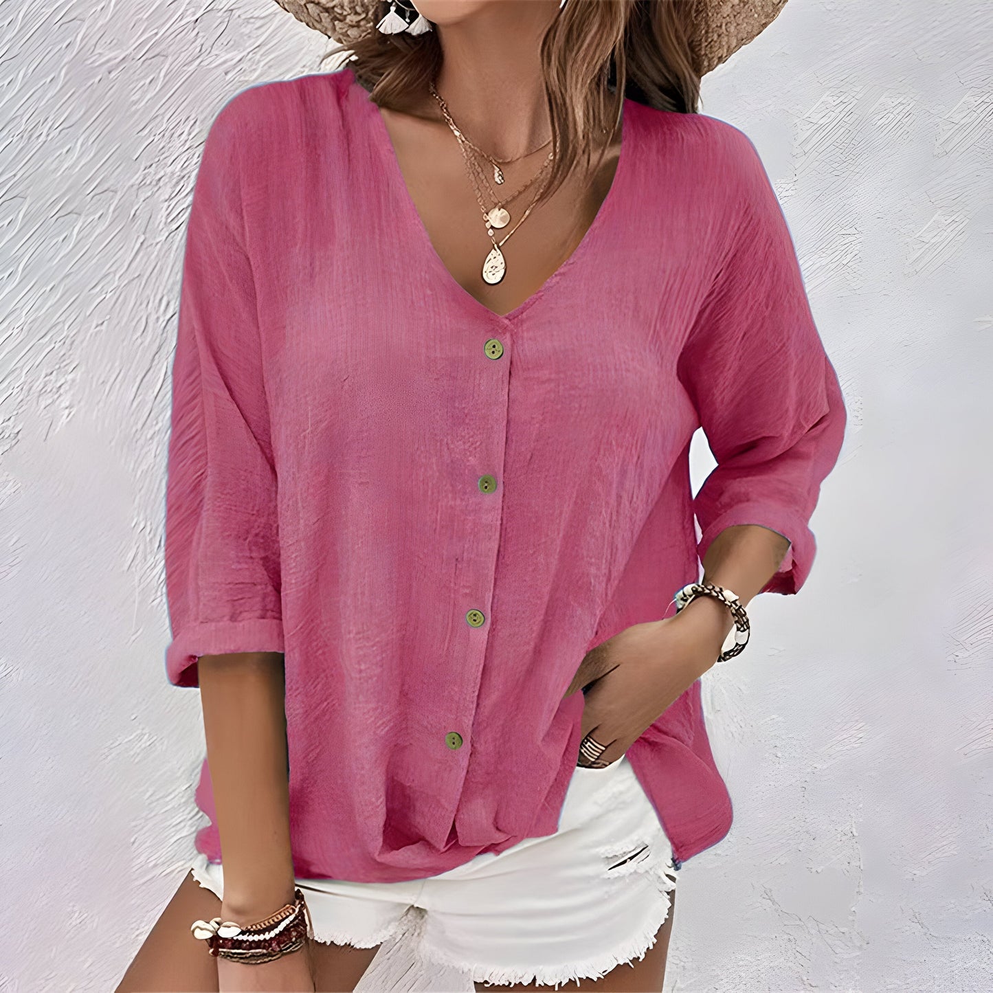 Camicetta Donna Elegante Estiva Scollo a V con Maniche Arrotolate - Camicette Donna per Ogni Occasione 4