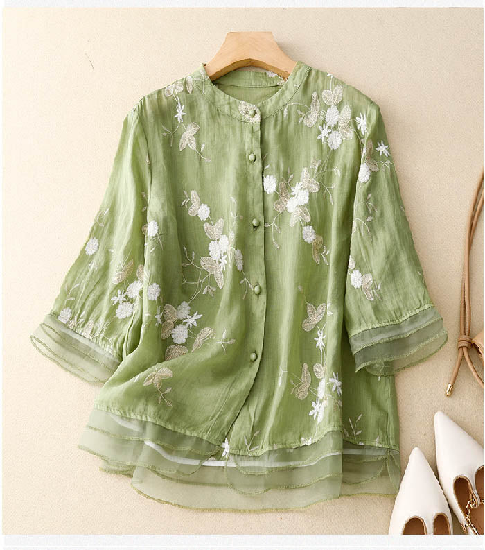 Camicia Donna in Cotone Ricami Floreali Vestibilità Classica - Vesarelli