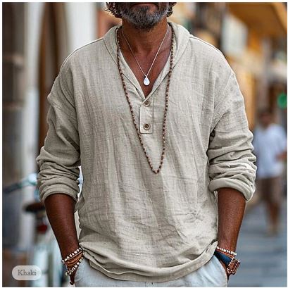 Camicia Uomo in Lino Stile Henley Manica Lunga