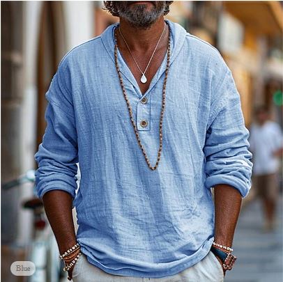 Camicia Uomo in Lino Stile Henley Manica Lunga - Brentozzi