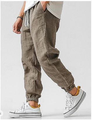 Pantaloni Lino Uomo Vestibilità Ampia Coulisse Tasche