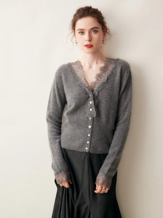 Cardigan Donna Maglia con Dettagli Pizzo e Bottoni - Vesarelli