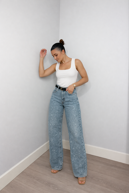 Pantaloni Donna Vita Alta con Dettagli Glitterati Slim - Brentozzi