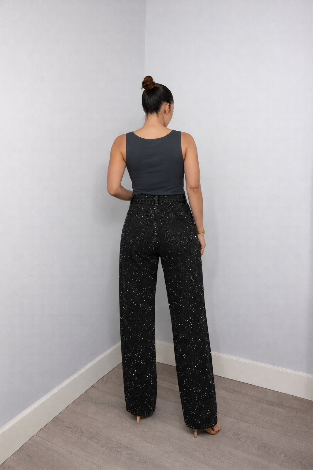 Pantaloni Donna Vita Alta con Dettagli Glitterati Slim