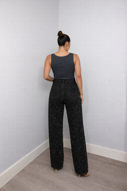 Pantaloni Donna Vita Alta con Dettagli Glitterati Slim