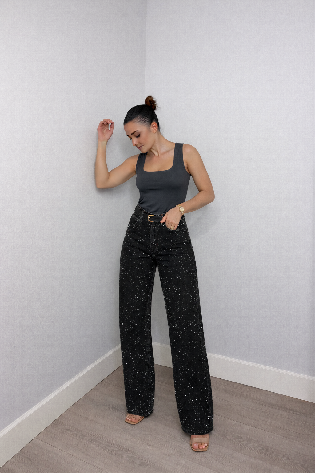 Pantaloni Donna Vita Alta con Dettagli Glitterati Slim